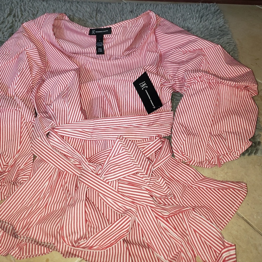 INC RED/WHITE STRIP BOAT NECK TIE BLOUSE SIZE S